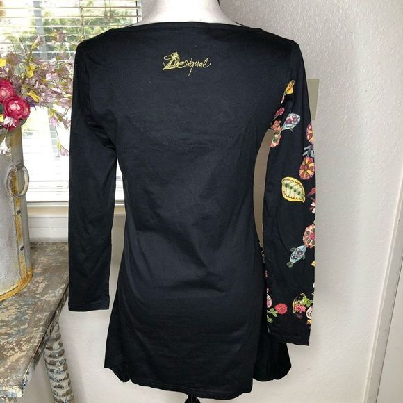 Desigual Black Knit Mini Dress/Tunic with Floral Appliqué - Picture 7 of 16